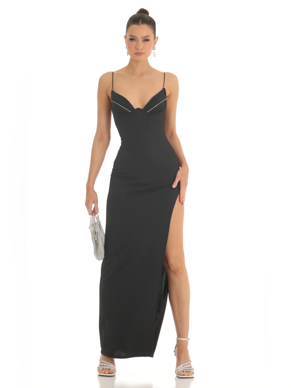 Lucy in the Sky Black Bustier Rhinestone Spaghetti Strap Maxi Dress